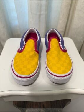 Vans Size 13 Gently Worn Kids Slip-On Checkerboard Sneaker Yellow, Purple & Pink